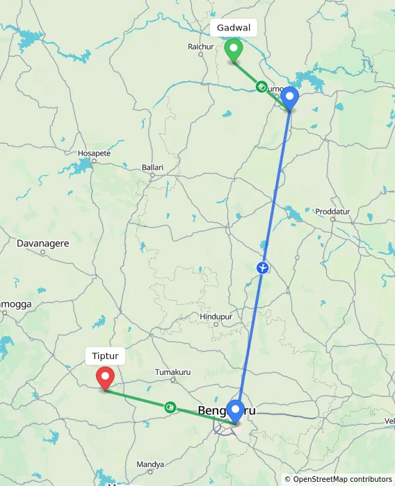 Route map showing distance and travel time from Gadwal, India to Tiptur, India
