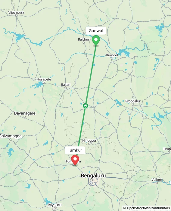 Route map showing distance and travel time from Gadwal, India to Tumkur, India