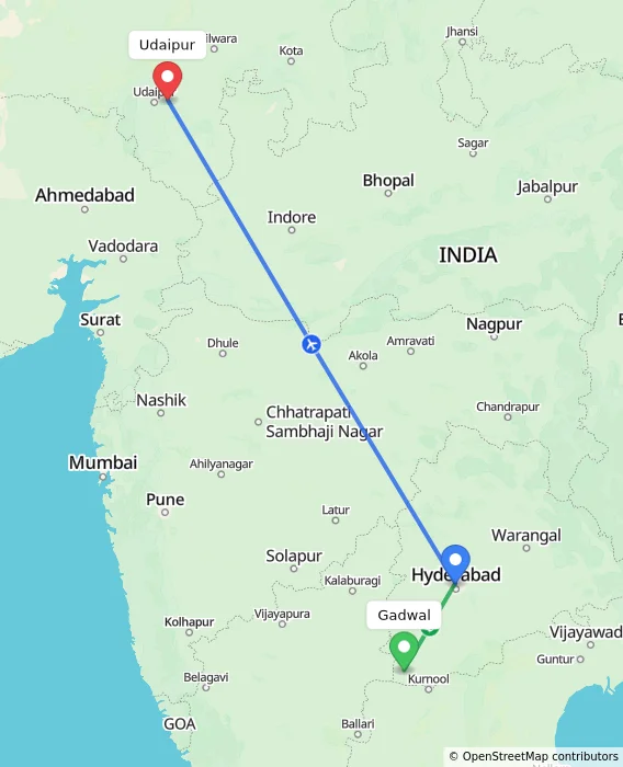 Route map showing distance and travel time from Gadwal, India to Udaipur, India