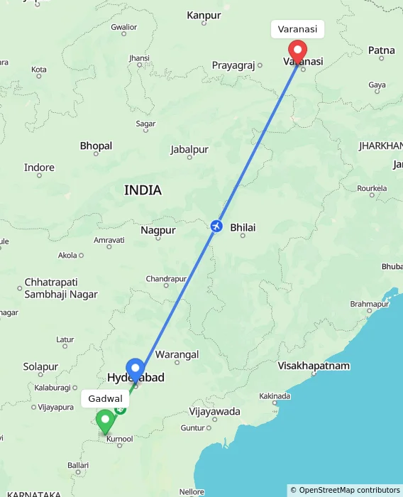 Route map showing distance and travel time from Gadwal, India to Varanasi, India