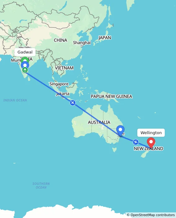 Route map showing distance and travel time from Gadwal, India to Wellington, New Zealand