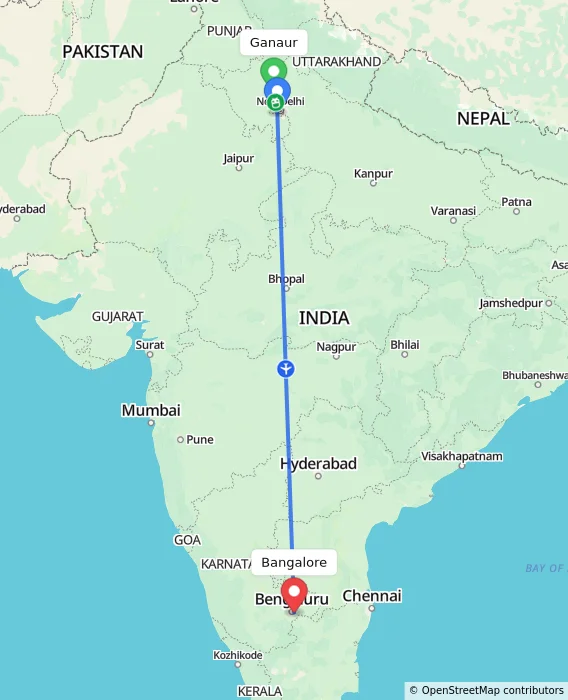 Route map showing distance and travel time from Ganaur, India to Bangalore, India