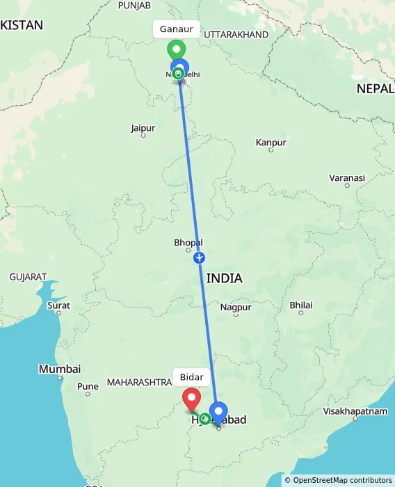 Route map showing distance and travel time from Ganaur, India to Bidar, India