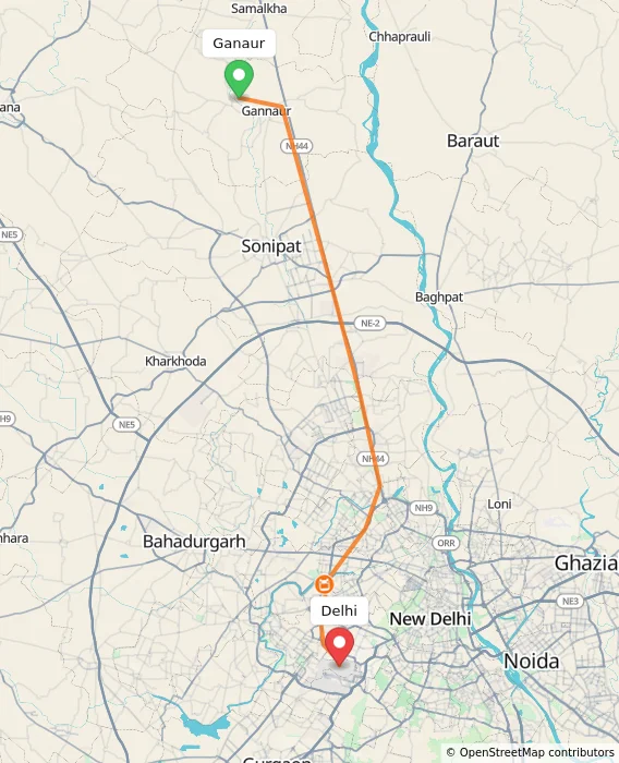 Route map showing distance and travel time from Ganaur, India to Delhi, India