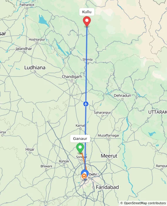 Route map showing distance and travel time from Ganaur, India to Kullu, India