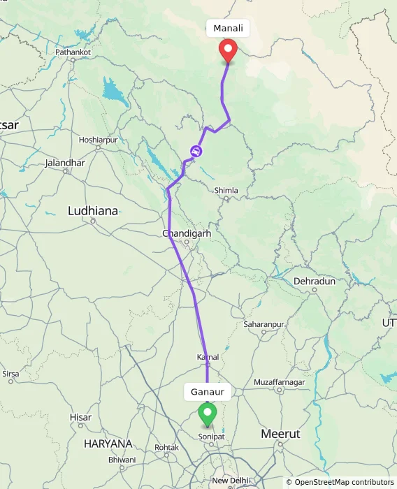 Route map showing distance and travel time from Ganaur, India to Manali, India