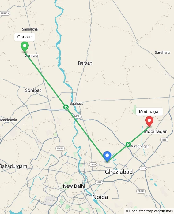 Route map showing distance and travel time from Ganaur, India to Modinagar, India