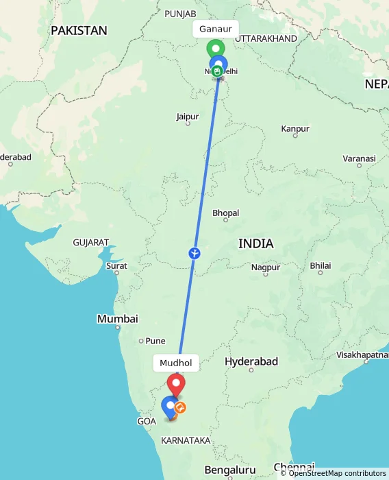 Route map showing distance and travel time from Ganaur, India to Mudhol, India