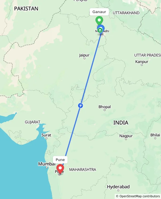 Route map showing distance and travel time from Ganaur, India to Pune, India