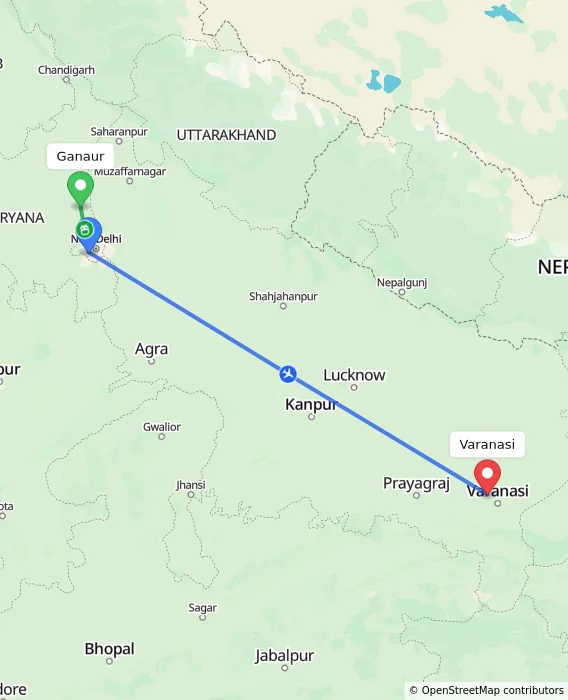 Route map showing distance and travel time from Ganaur, India to Varanasi, India
