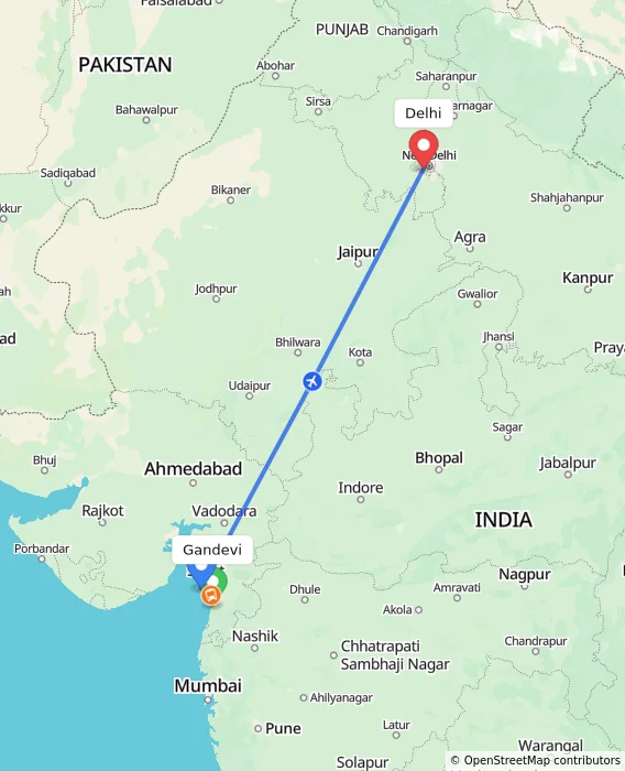 Route map showing distance and travel time from Gandevi, India to Delhi, India