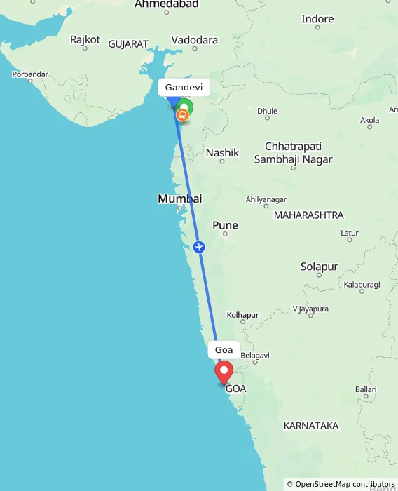 Route map showing distance and travel time from Gandevi, India to Goa, India
