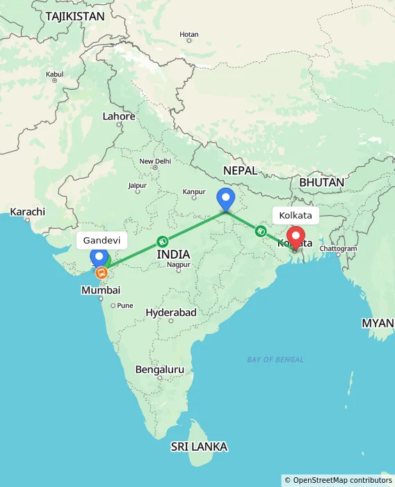 Route map showing distance and travel time from Gandevi, India to Kolkata, India