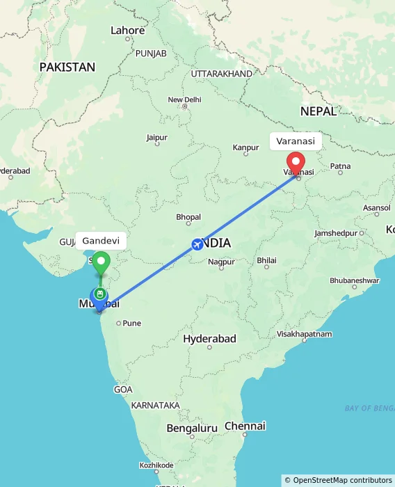 Route map showing distance and travel time from Gandevi, India to Varanasi, India
