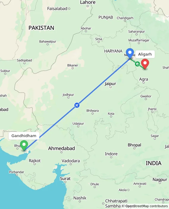 Route map showing distance and travel time from Gandhidham, India to Aligarh, India