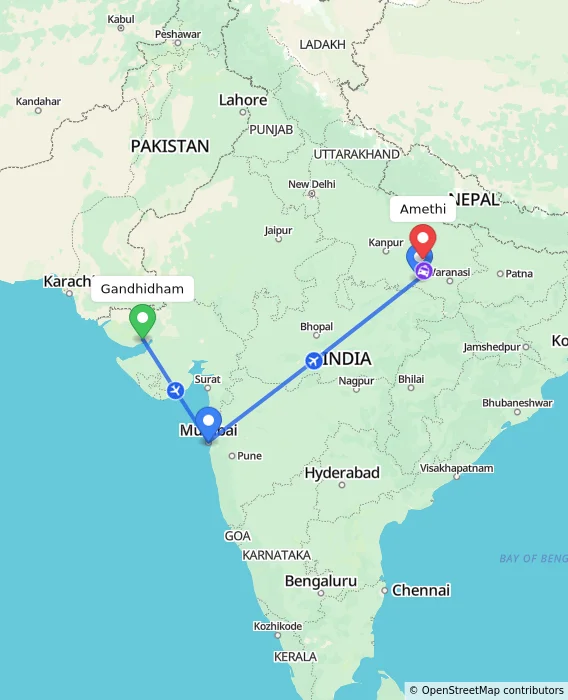 Route map showing distance and travel time from Gandhidham, India to Amethi, India