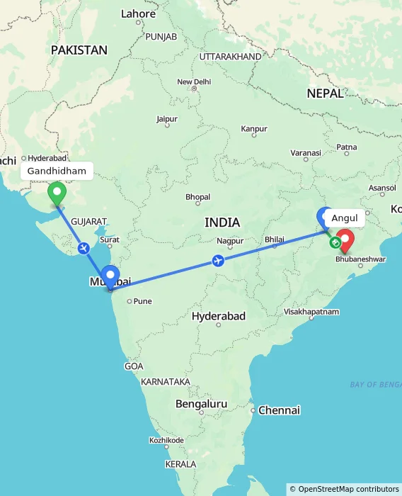 Route map showing distance and travel time from Gandhidham, India to Angul, India