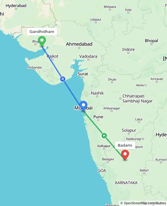 Route map showing distance and travel time from Gandhidham, India to Badami, India