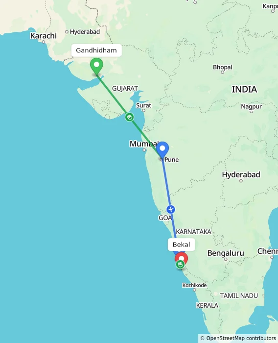 Route map showing distance and travel time from Gandhidham, India to Bekal, India