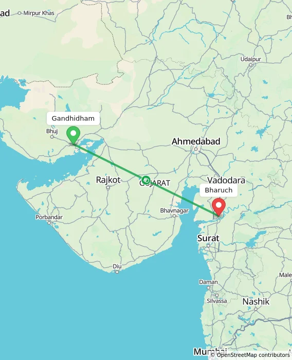 Route map showing distance and travel time from Gandhidham, India to Bharuch, India