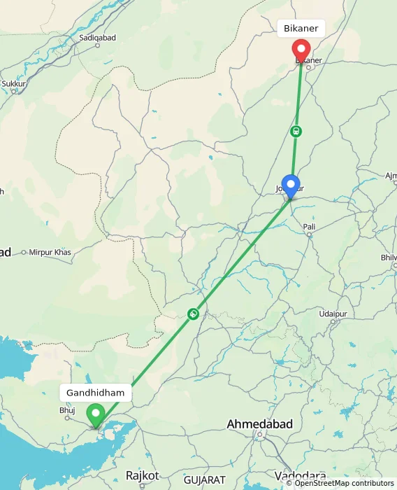 Route map showing distance and travel time from Gandhidham, India to Bikaner, India