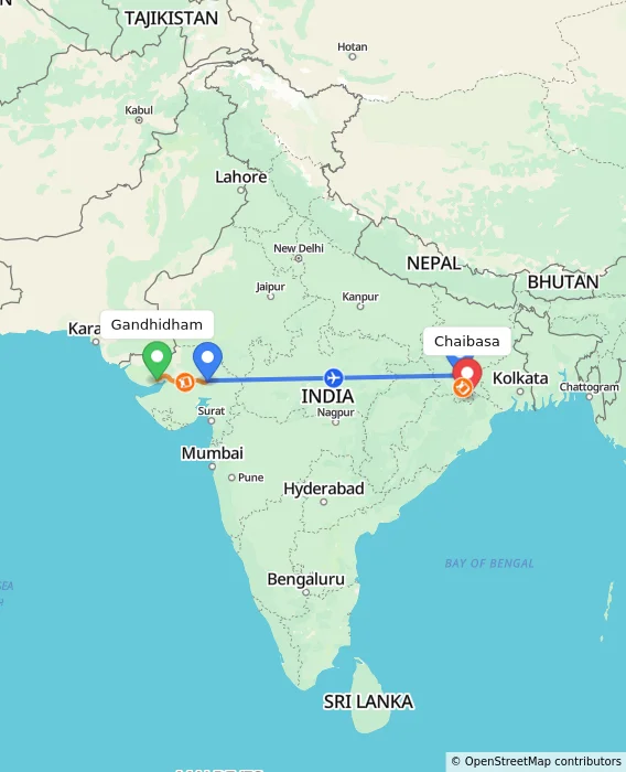 Route map showing distance and travel time from Gandhidham, India to Chaibasa, India