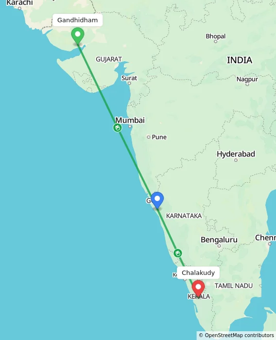 Route map showing distance and travel time from Gandhidham, India to Chalakudy, India