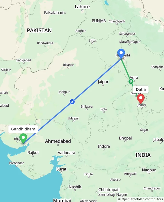 Route map showing distance and travel time from Gandhidham, India to Datia, India