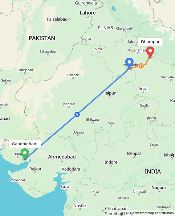 Route map showing distance and travel time from Gandhidham, India to Dhampur, India