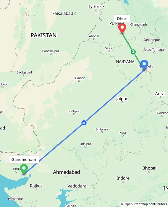Route map showing distance and travel time from Gandhidham, India to Dhuri, India