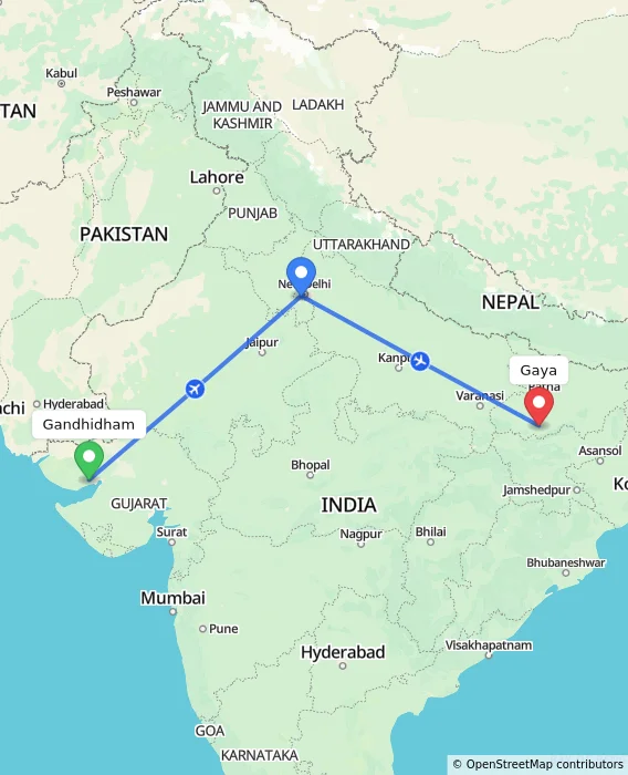 Route map showing distance and travel time from Gandhidham, India to Gaya, India