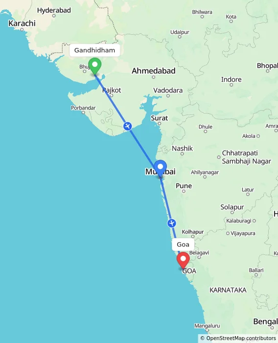 Route map showing distance and travel time from Gandhidham, India to Goa, India
