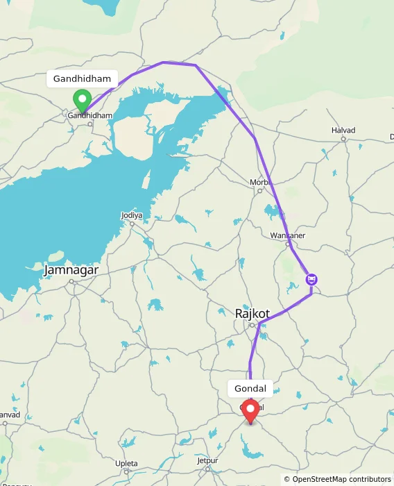 Route map showing distance and travel time from Gandhidham, India to Gondal, India