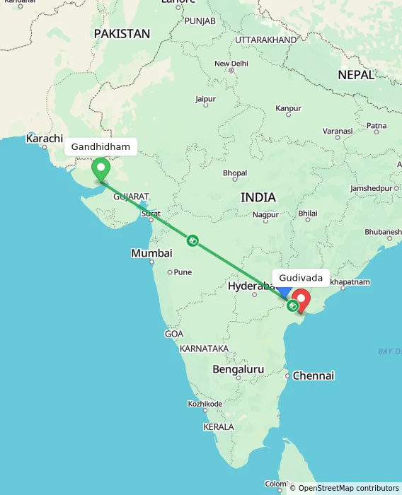 Route map showing distance and travel time from Gandhidham, India to Gudivada, India