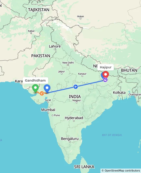 Route map showing distance and travel time from Gandhidham, India to Hajipur, India
