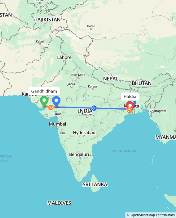 Route map showing distance and travel time from Gandhidham, India to Haldia, India