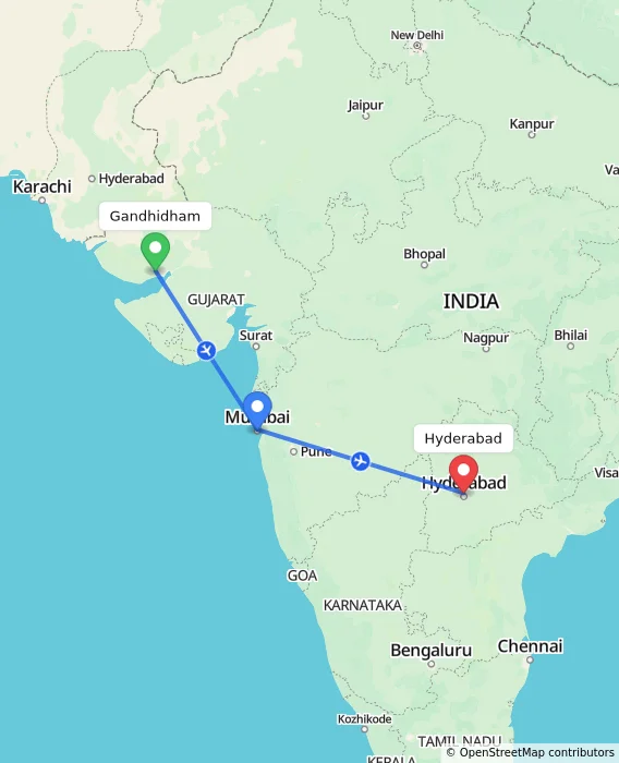 Route map showing distance and travel time from Gandhidham, India to Hyderabad, India