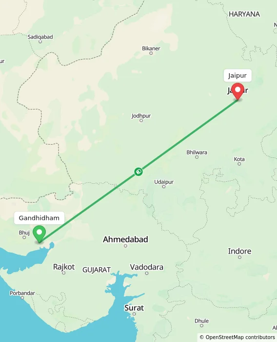 Route map showing distance and travel time from Gandhidham, India to Jaipur, India