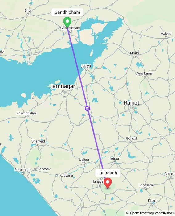 Route map showing distance and travel time from Gandhidham, India to Junagadh, India
