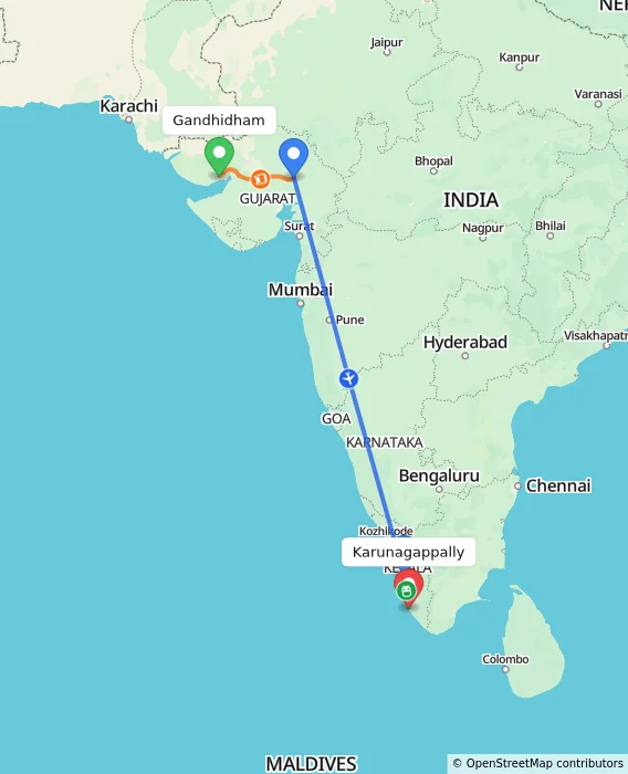 Route map showing distance and travel time from Gandhidham, India to Karunagappally, India