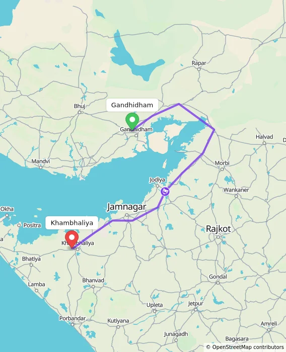 Route map showing distance and travel time from Gandhidham, India to Khambhaliya, India