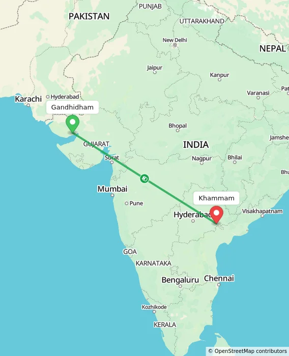 Route map showing distance and travel time from Gandhidham, India to Khammam, India