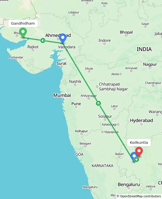 Route map showing distance and travel time from Gandhidham, India to Koilkuntla, India