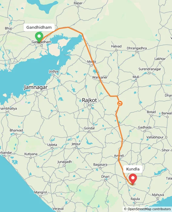 Route map showing distance and travel time from Gandhidham, India to Kundla, India