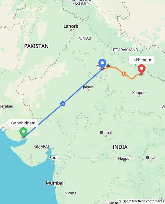 Route map showing distance and travel time from Gandhidham, India to Lakhimpur, India