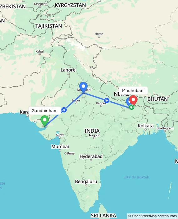 Route map showing distance and travel time from Gandhidham, India to Madhubani, India