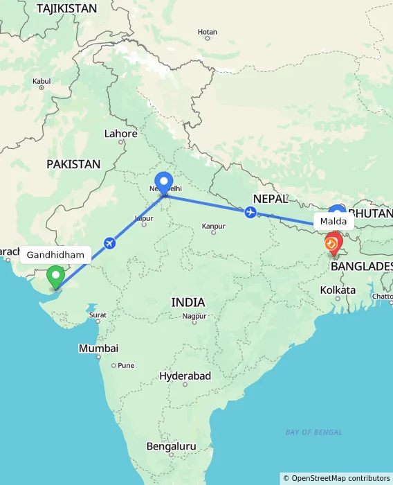 Route map showing distance and travel time from Gandhidham, India to Malda, India