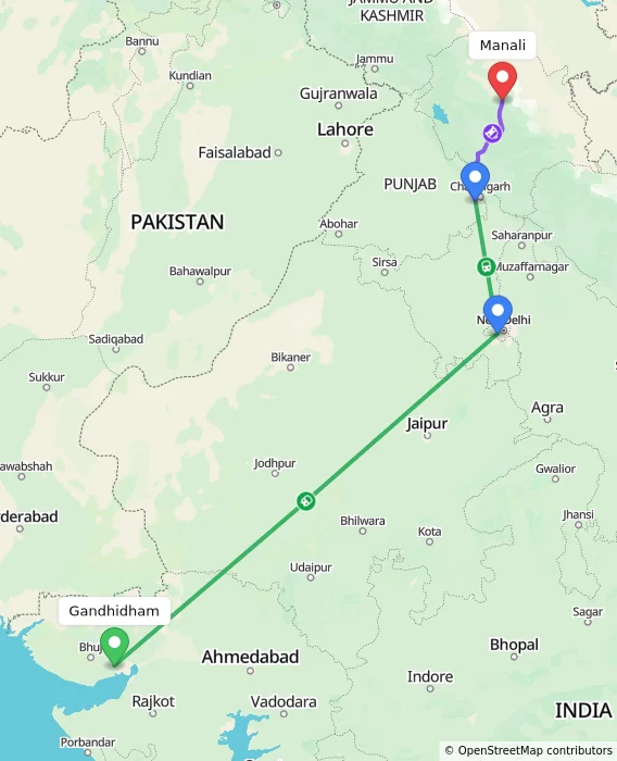 Route map showing distance and travel time from Gandhidham, India to Manali, India