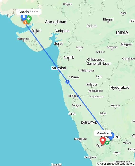 Route map showing distance and travel time from Gandhidham, India to Mandya, India