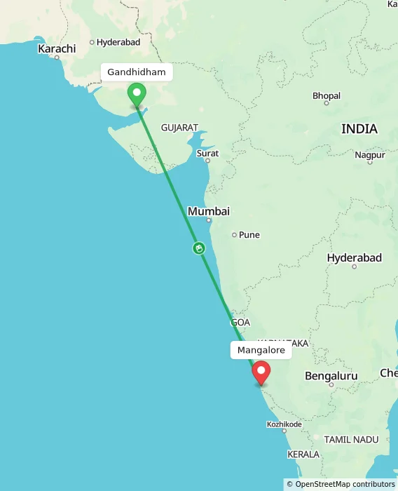 Route map showing distance and travel time from Gandhidham, India to Mangalore, India